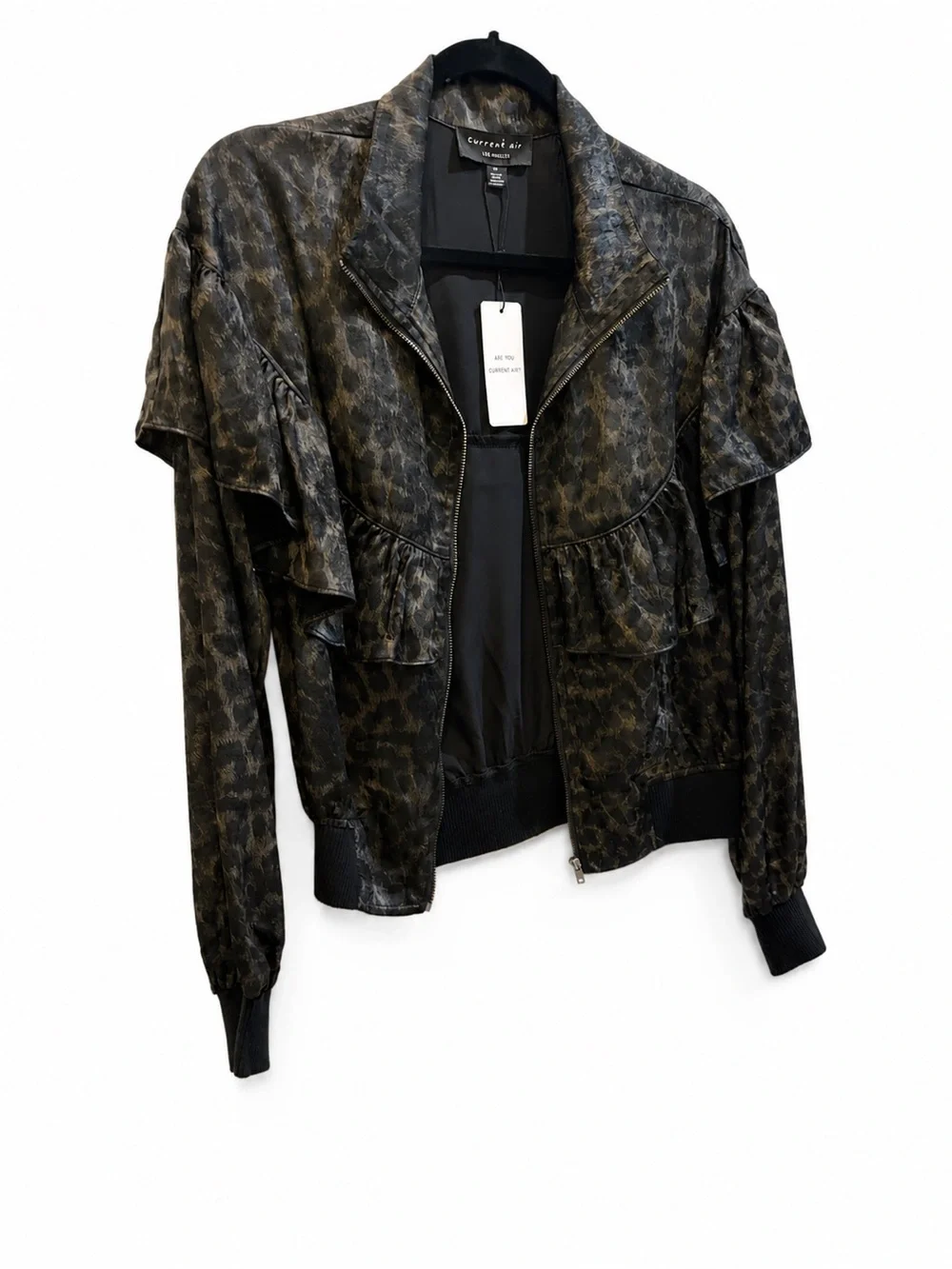 Current Air Black Metallic Ruffle Bomber Jacket with Subtle Animal Print